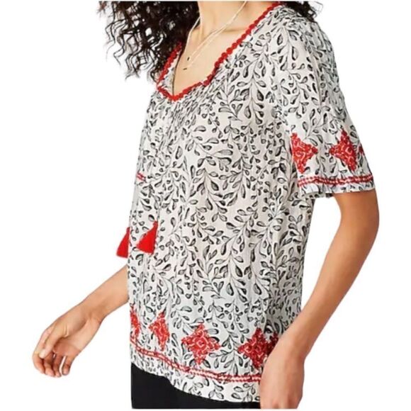 J. Jill XL White Black Red Floral Embroidered Short Sleeve Tasseled Blouse - Picture 4 of 10